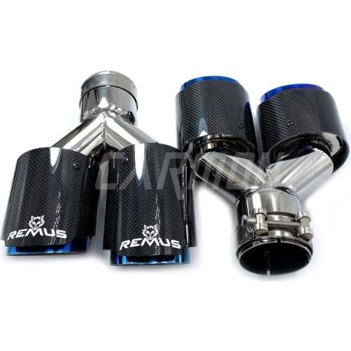 1 Pair Car Universal Dual Pipes Straight Cut Remus Sport Glossy Carbon Fiber Exhaust Muffler Tips Burnt Blue Inner Pipe for BMW