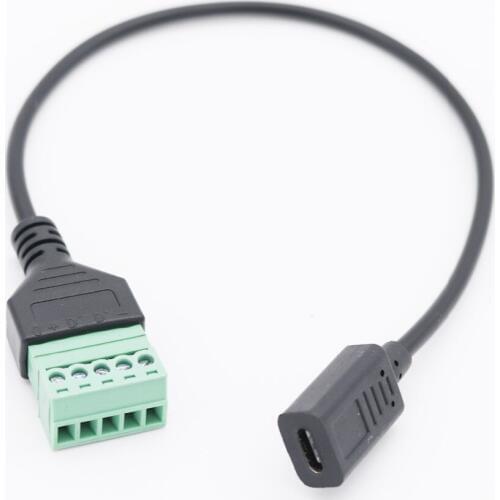 10Pcs USB-C USB 3.1 Type-C Female Jack to 5 Pin Screw Connector with Shield Solderless Terminal Plug Adapter Cable Cord 30cm/1ft