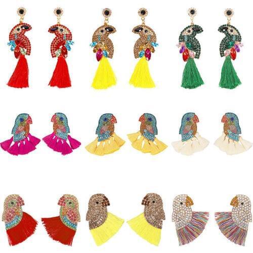 5 Styles Parrot Shape Tassel Earrings for Women Full Rhinestone Shiny Dangle Earrings Fringed Statement Earrings ET1219