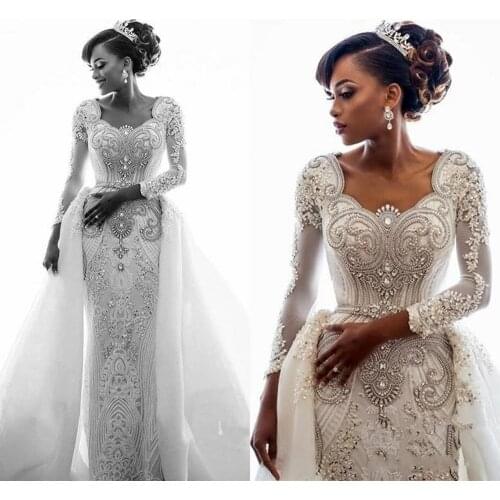 African Lace Mermaid Wedding Dress 2020 Long Sleeves Scoop Neck Beaded Crystals Over Skirts Court Train Wedding Bridal Gown