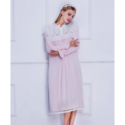 Free Shipping 2017 New Spring Womens Long Pink and White Vintage Pyjamas Lace Sleepwear Cotton Nightgown Lady Royal Nightshirt