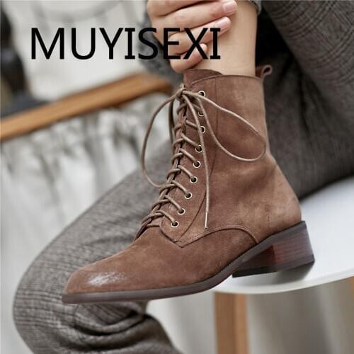 Retro ankle boots 4cm med heel genuine leather round toe cross-tied lace up zipper brand office lady dress concise TN35 MUYISEXI