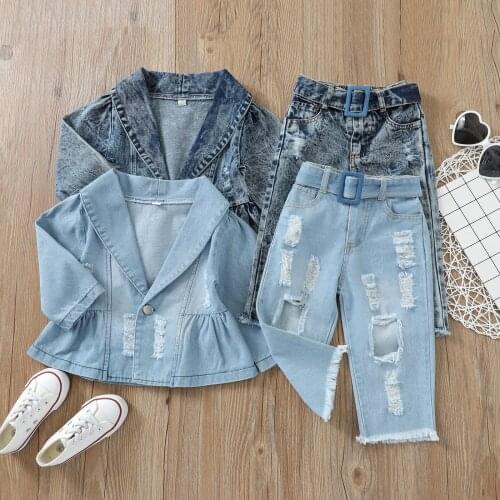 2Pcs Toddlers Tracksuits Denim Clothing Set Fashion Lapel Long Sleeves Button Coat+ Frayed Ripped Jeans with Belt for Girls