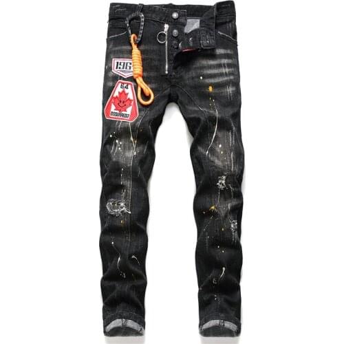 Boyfriend Jeans Graffiti Patchwork Hip Hop Black Pants Men Stretch Skinny Jeans Men for 2020 Autum and Winter