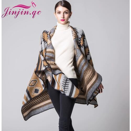 Jinjin.QC New Winter Scarves Cashmere Feel Scarf Women Poncho Cape Fashion Striped Design Pashmina Echarpe Foulard Femme