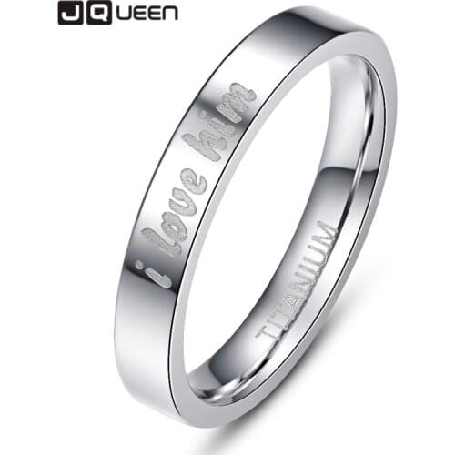 JQUEEN 11 Yards 4mm Wide Polished "I Love Him" Stainless Steel Ring Wedding Band Ring for Couple