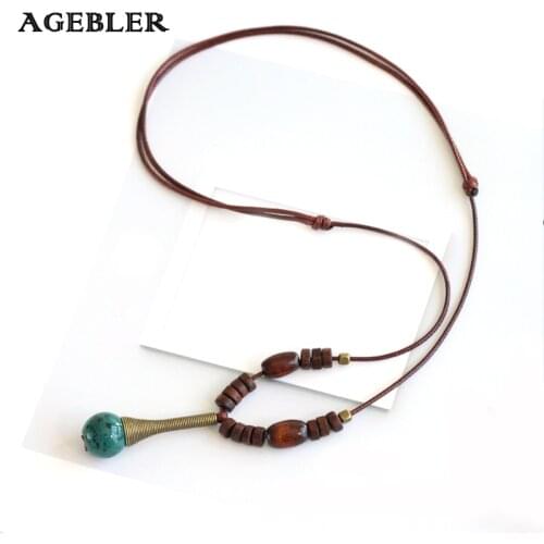 Newest Boho Style Handmade Ceramic Jewelry Women Vintage Necklaces & Pendants Sweater Chain Fashion Trendy Rope Chain Wood Beads