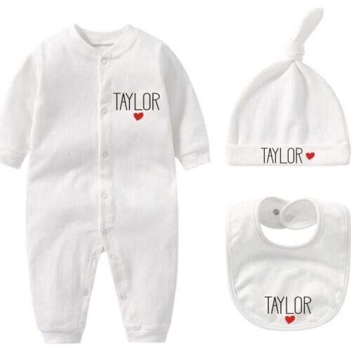 Personalized Newborn Baby Outfit with Hat + Bib clothes set Customized Baby One Piece Bodysuit Set Baby Shower Gift Outfit