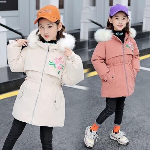 Girls 6-14 Y Winter Autumn Thick Fur Long Sleeve Hooded Mid-long Warm Coats Flowers Embroidery Design Girls Winter Jacket