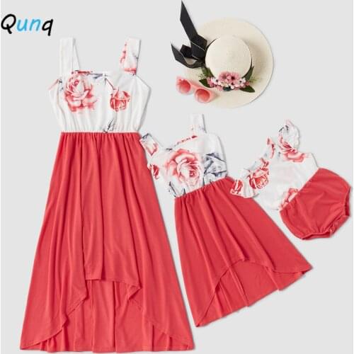 Qunq Summer Mother Daughter Dress Sleeveless Flower Print Dresses for Woman Kids Girl 2021 New Summer Family Matching Suits