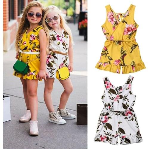 Cute Baby Kids Girls 1-6Y Floral Sleeveless Romper V Neck Ruffles Jumpsuit Outfits Clothes 2 Colors Boho Holiday Clothes