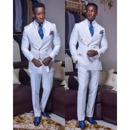 JELTONEWIN Costume Homme White Double Breasted Men Suits Gold Buttons Slim Fit Terno Mens Tuxedo Wedding Groom Prom Blazer Pant