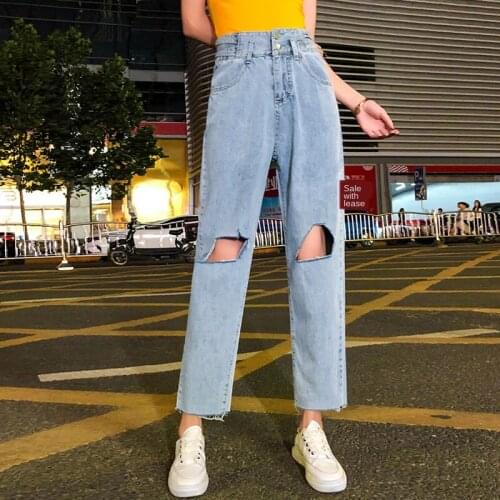 Cheap High-waist Ripped Jeans Women Loose Fit Straight Wide Leg Pants Irregular Ripped Women Pants Autumn In 2020