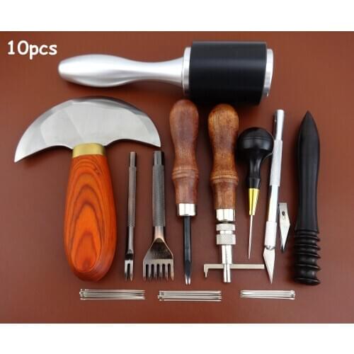 10pcs Leather Craft Knife Cutter Beveler Burnisher Groover Awl Chisel Needle Tool Set - Sewing Stitching Carving Stamping Punch