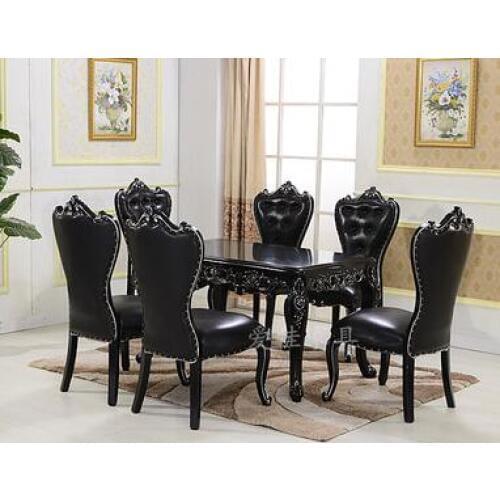 European-style dining table and chair combination 6 people black solid wood carving rectangular table simple small family