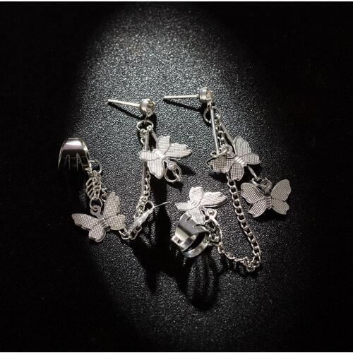 Korean Handmade Butterfly Net Red Tassel Crystal Ear Pin Chain Double Temperament Earrings Ear Bone Nail Ear Clip Hot Sale