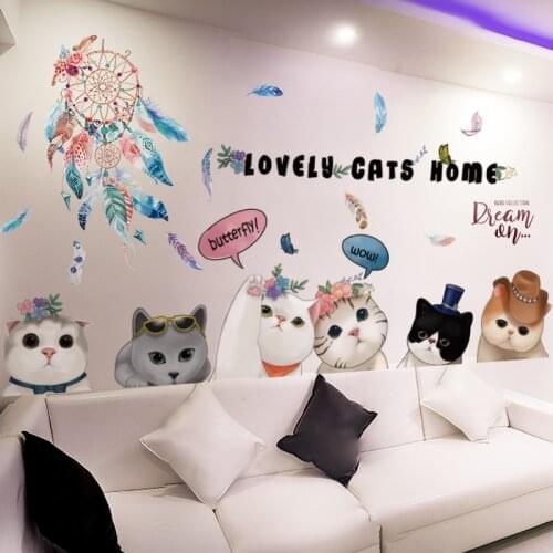 [shijuekongjian] Dreamcatcher Feathers Wall Stickers DIY Cartoon Cats Animal Mural Decals for Kids Rooms Baby Bedroom Decoration