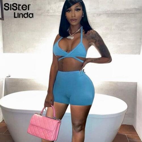 Sisterlinda Summer Cross Bandage 2Piece Set Women Sexy Halter Straplessank Tops+Biker Shorts Party Vacation Matching Outfits2021