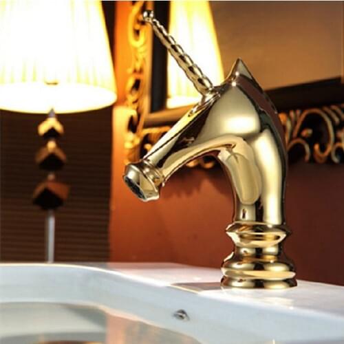 Basin Faucets Unique Fashion Bathroom Horse Head Faucet Golden Brass Deck Mounted Single Long Handle Toilet Mixer Taps 855753