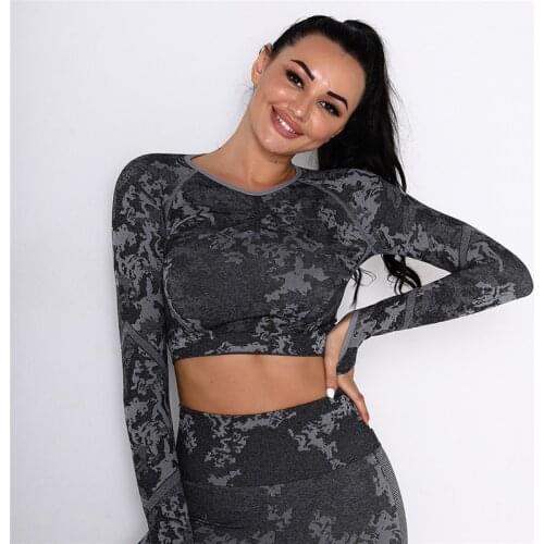 Long Sleeve Sports Tops For Women Seamless Camouflage Shirts High Elastic Crop Tops Quick Dry Sportswear Tight Yoga Gym Shirts