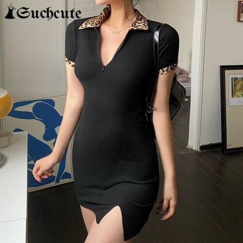 SUCHCUTE Gothic Leopard Patchwork Mini Dress For Women Streetwear Sexy Skinny Dresses 2021 Fashion Short Sleeve Summer Dress