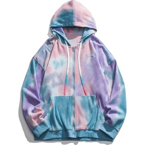 LACIBLE Streetwear Zipper Hooded Jacket Hip Hop Tie Dye Hoody Harajuku Men Hoodie Sweatshirt Cotton Loose Unisex Tops
