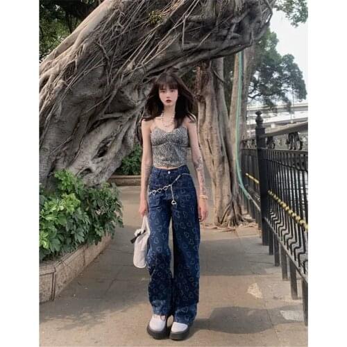 Vintage Bf Women Jeans With Chain Ripped Baggy Boyfriend Jeans Women Summer Distressed Egirl Harajuku Wide Leg Pants Trousers
