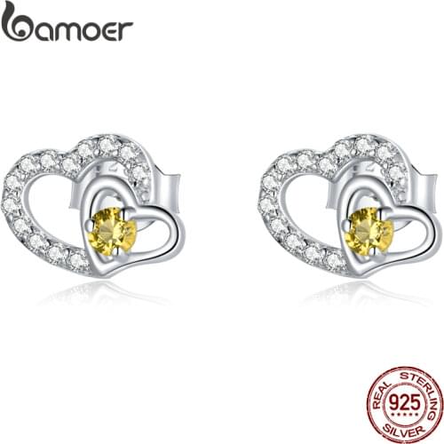 BAMOER Spakling Hearts 925 Sterling Silver Stud Earrings Romantic Double Hearts Shiny Jewelry for Women Wedding Engagement Gift