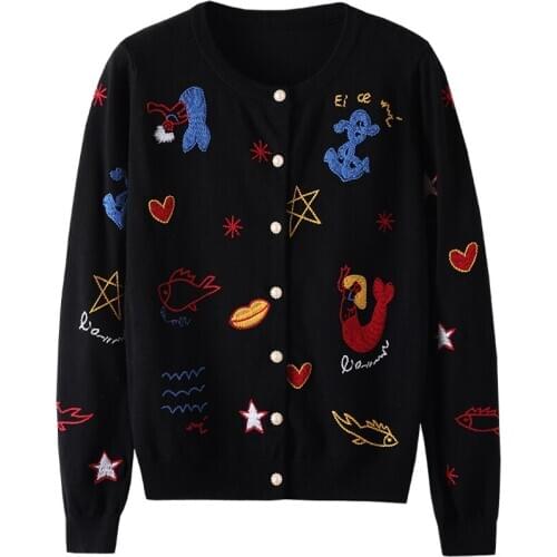 Womens Embroidery Knit Sweater Sweater Mermaid Pearl Buttons Round Neck Long Sleeve Fashion Sweater 2021 New