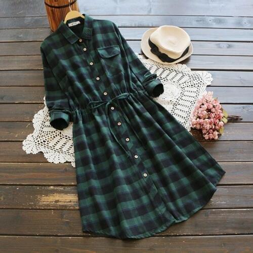 Women Autumn clothes Japanese korean sytle green plaid dress Wool cotton vestido long sleeve shirt dress turn down collar robe