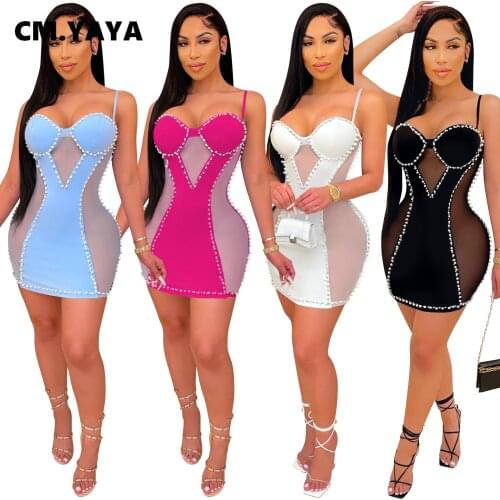 CM.YAYA Women Pearl Beading Mesh Patchwork Spaghetti Strap Midi Mini Dress Sexy Club Party See Though Pencil Dresses
