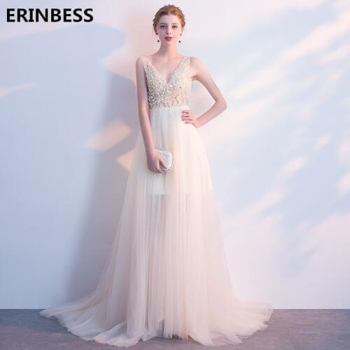 2019 Vestido De Festa Sexy V-neck Evening Dresses Long Dress Sleeveless Party Gowns Formal V-back Evening Dress Party Gowns