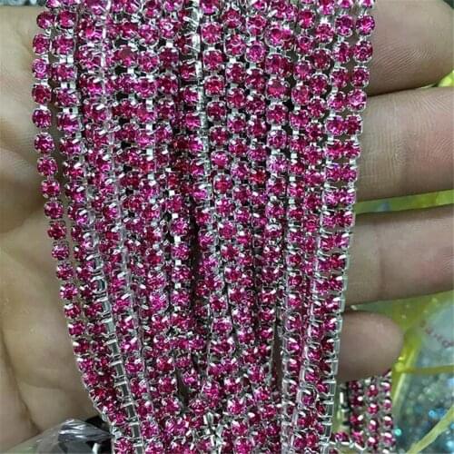 10Yards Dyeing Hot Pink DIY Rhinestone Chain Dense Silver Base Claw Crystal Rhinestone Chain Hand Craft Clothing Art Decoration