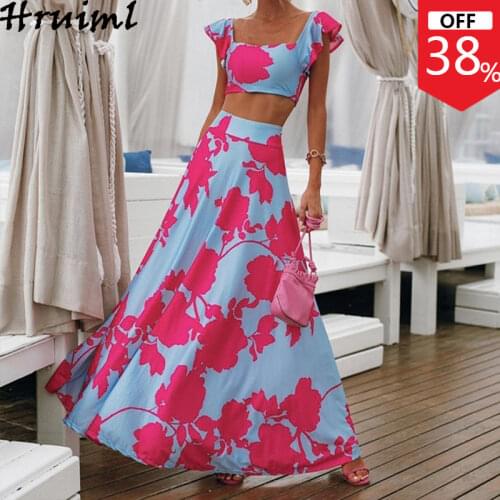 2 Piece Set Women Crop Top Long Skirt Floral Print Casual Fashion Plus Size Sets Simplee Style Beach Holiday Womens Summer Suit