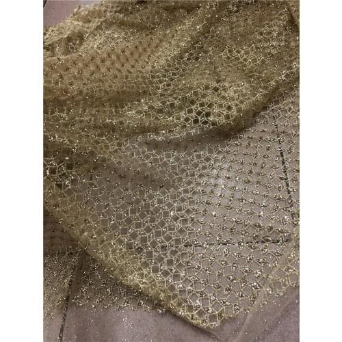 5 yards YG-116 high quality French tulle lace with gold color clothing material African glued glitter fabric
