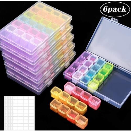 6 Pack 28 Grids Diamond Painting Boxes Diamond Embroidery Storage Boxes with 400pcs Label Stickers , Nail Diamonds, Multicolour