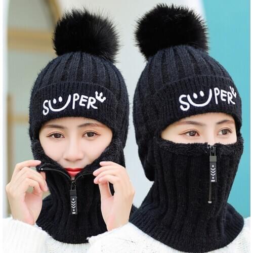 Adjuctable Design Knitted Hat Wool Ball Winter Hat For Women Protect Ear Neck Warm Womens Hat Cute Elegant Windproof Cap Gorros