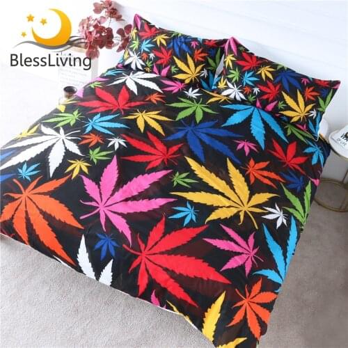 BlessLiving Maple Leaf Bedding Set King 3 Piece Colorful Bedlinen Fall Autumn Tree Leaves Duvet Cover Stunning Black Bed Set