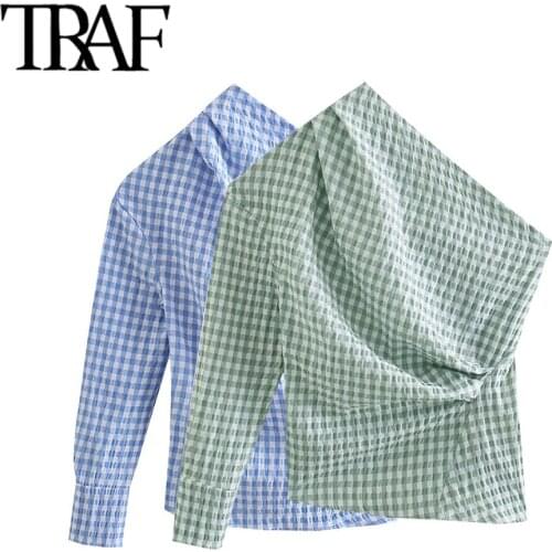 TRAF Women Fashion Pleated Plaid Print Irregular Blouses Vintage One Shoulder Side Button-up Female Shirts Chic Tops