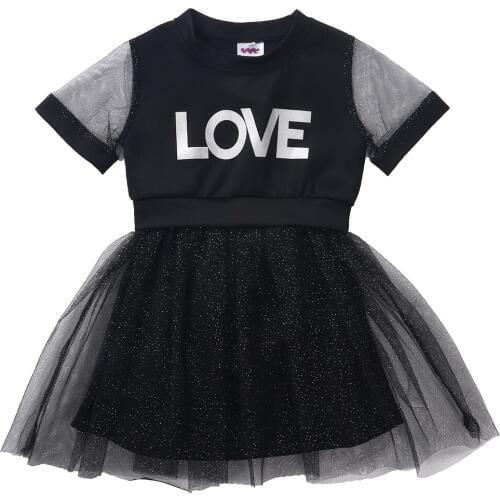 1-6Y Summer Toddler Baby Kid Girls Black Dress Letter Ruffles Tulle Tutu Dress For Girls