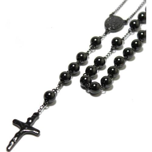 Hot Selling Fashion Mens Womens 316L Stainless Steel 4/6/8mm Rosary Pendant Necklace Jewelry Black Tone