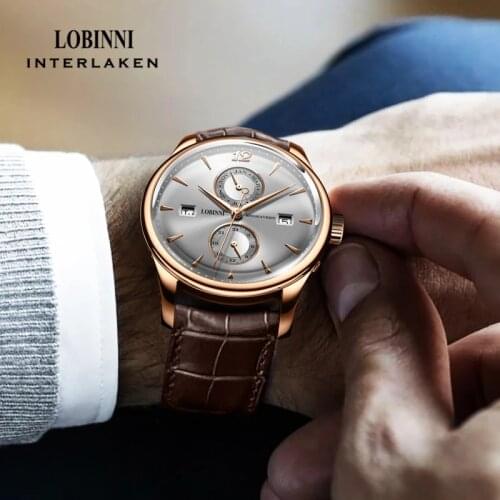 LOBINNI Top Brand Luxury Men Watch Rose Gold Case Genuine Leather Strap Automatic Mechanical Watches Date Week Month Clock