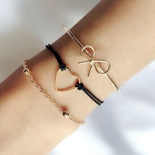 Bohemian Bracelet Set For Women Bowknot Heart Rope chains Bangle Boho 3pcs Gold Color Metal Jewelry Statement Jewellery