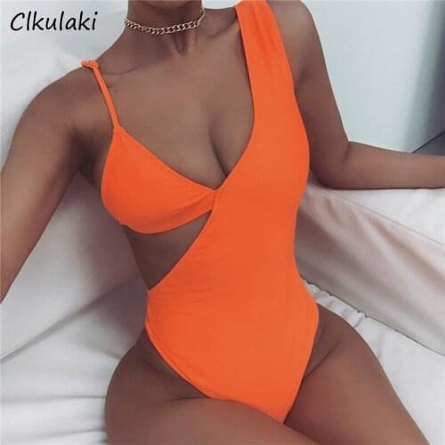 2021 New One Piece Swimsuits Women Solid Irregular Swimwear Orange Summer Female Monokini Swimming Beach Wear Bathing Suits Swim