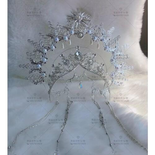 Lolita Angel Madonna Halo Headdress Tiara Silver Aperture Crown Headband Bead Chain Hair Hoop Handmade Hair Ornaments