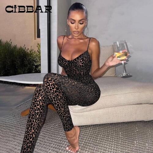 CIBBAR Leopard Print Skinny Camisole Jumpsuit Women Mesh Low Chest Sleeveless Sexy Bodycon Clubwear One Piece Hipster Overalls