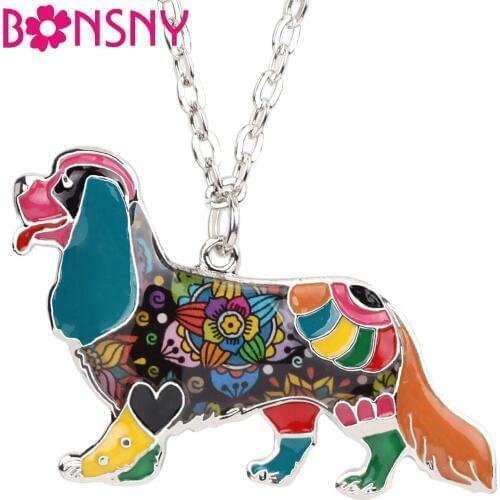 Bonsny Enamel Alloy Cavalier King Charles Spaniel Dog Necklace Pendant Choker Chain Collar Elegant Jewelry For Women Girls Gifts