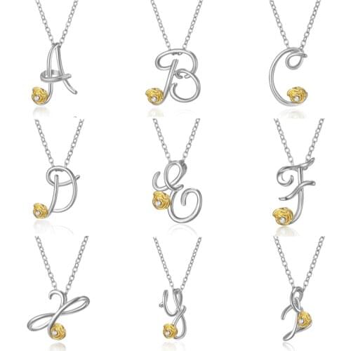 Initial 26 Letter Script Necklace A to Z Elegant Sunflower Rose Rhinestone Necklace Charm Alphabet Pendant for Women Jewelry