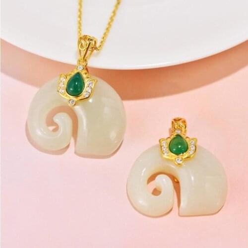 Hetian Jade Elephant Necklace Jade Pendant S925 Sterling Silver Gold-Plated Non-Fading Female Qixi Gift for Girlfriend New Produ