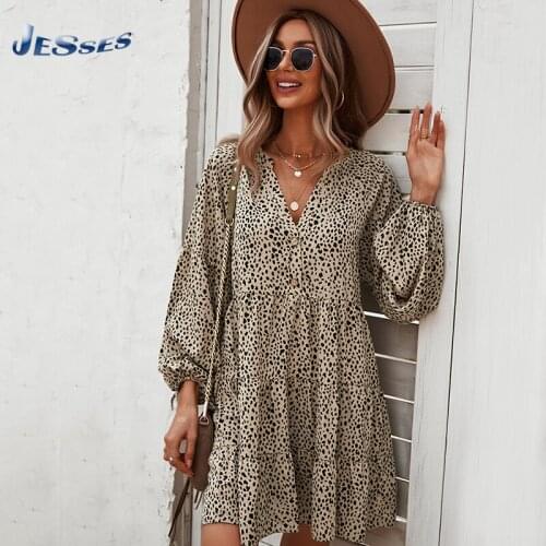 Hot Selling V-neck Leopard Print Loose Dress Autumn Bohemian Style A-line Dresses Long Sleeve Sexy Mini Dress Femme New Vestidos